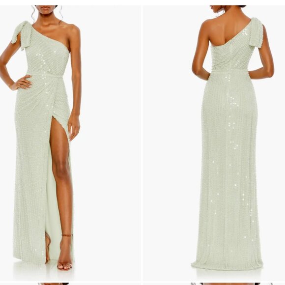 MAC DUGGAL 93735 PEARL EMBELLISHED SOFT TIE ONE SHOULDER MINT GOWN sz 0 - Picture 3 of 3